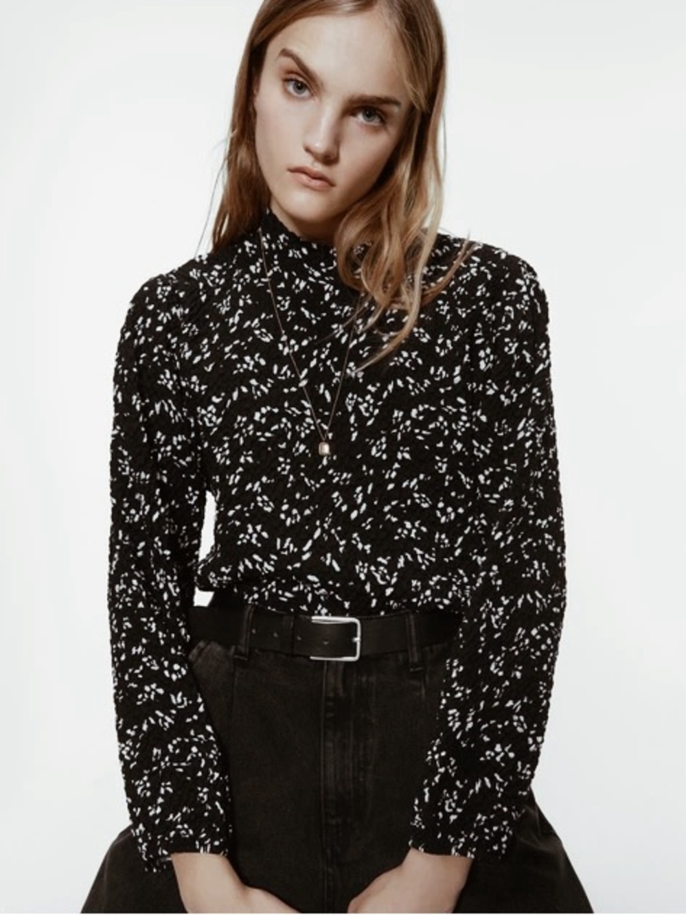 Zara Smocked Printed Long Sleeve Top